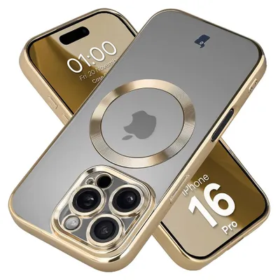 Produktbild von Handyhülle mit Kameraschutz und Magnetring für iPhone 16 Pro, Bizon Case GuardO, Transparent-Golden