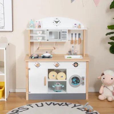Immagine prodotto di Cucina giocattolo per bambini con 17 accessori. Mini cucina giocattolo con lavello, rubinetto, fornello, microonde. Cucina giocattolo in legno per bambini e bambine dai 3 anni in su