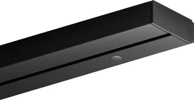 A close-up, angled view of a black curtain rail system against a white background.