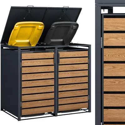 Immagine prodotto di Contenitore per rifiuti da esterno – Deposito per bidoni – Struttura in metallo antracite con aspetto effetto legno