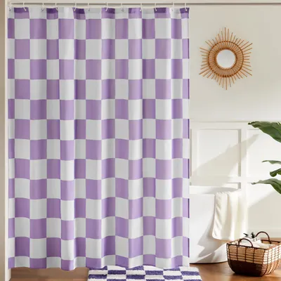 Produktbild von Karierter Duschvorhang fürs Badezimmer, schönes Retro-Karomuster, Vintage-Duschvorhang, maschinenwaschbar, Stoffduschvorhang, Lavendel, 183 x 183 cm