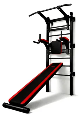 Produktbild von Sprossenwand mit Klimmzugstange, Dip Station und Sit-Up-Bank | Wand Kraftstation für Zuhause | Calisthenics und Krafttraining | Max. Belastung 150 kg