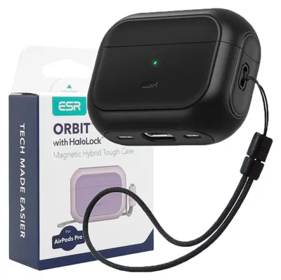 A black AirPods Pro case and its packaging are shown against a white background.