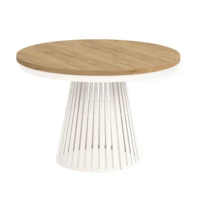 Obrázek produktu pro Kulatý rozkládací jídelní stůl CAVO s kruhovým podnožím, loftový styl, skandinávský, průměr: 120/196 cm, barva: dub Craft Golden/kašmír