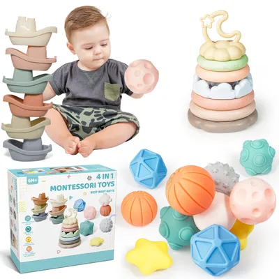 Obrázok produktu pre Hračka pre bábätká, 4 v 1 Montessori hračka pre bábätká so stohovacou vežou, Montessori UFO, senzorické loptičky, loď, hračka pre bábätká od 3 4 5 6 7 8 9 10 11 12 mesiacov, senzorická učebná hračka, darčeky k 1. narodeninám