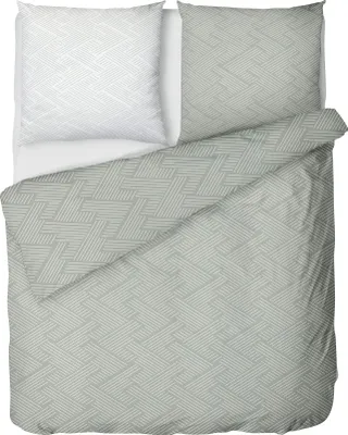 A top-down view of bedding, including a duvet and two pillowcases, laid out on a white surface.