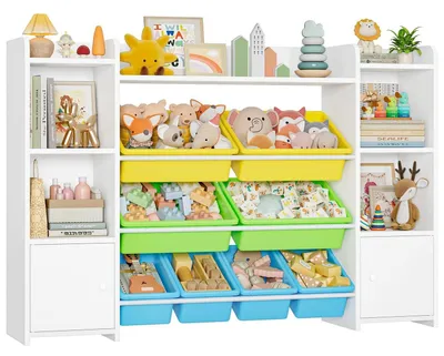 Image de Étagère pour enfants avec 8 boîtes, blanche et verte, dimensions : 138,8 x 94,3 x 29,6 cm