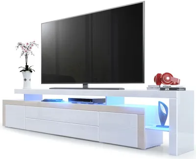 Produktbild von Vladon TV Board Lowboard Leon V3,  Germany, Korpus und Überbau in Weiß Hochglanz / Front in Weiß Hochglanz mit Rahmen in Sandgrau Hochglanz inkl. LED Beleuchtung (227 x 52 x 35 cm)