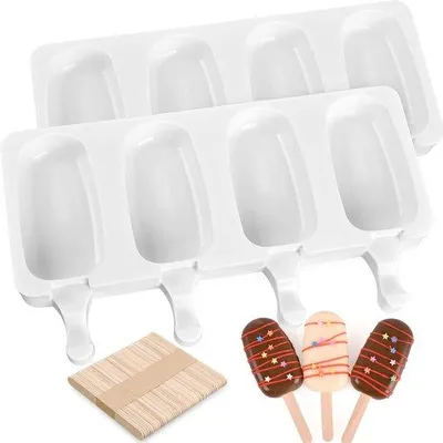 Image de Moules à glace en silicone avec bâtonnets en bois, blancs, 6,5 cm