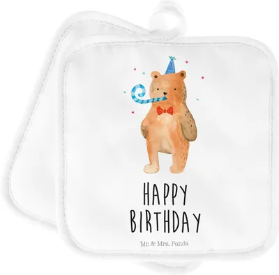 Produktbild von Mr. & Mrs. Panda Topflappen Bär Geburtstag - Weiß - Geschenk, Set, Ofenlappen, Teddy, Alles Gute, Topfuntersetzer, Happy Birthday, Glückwunsch, Kochlappen, topfhalter