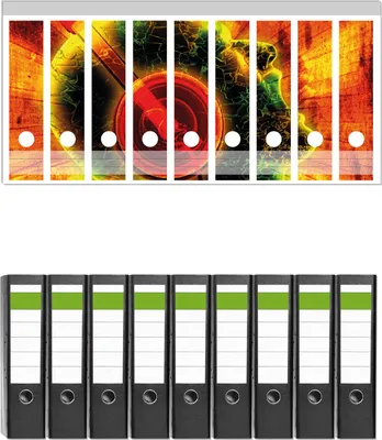 Produktbild von Wallario 9 Stück breite Ordner inkl. Klebeetiketten mit Motive Musik mit Kopfhörern -  Set mit Rückenschildern / Ordnerrücken Stickern