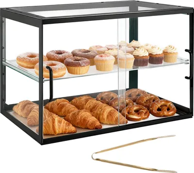 Obrázok produktu pre Vitrína na pečivo – 2-poschodová vitrína – priehľadný akryl – posuvné dvere – odnímateľná priečka – na sušienky, donuty a dezerty – rozmery 55 x 38,5 x 39 cm – čierna farba
