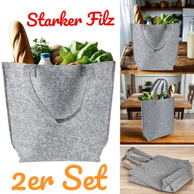 Produktbild von 2x Filz Shopper XXL Filztasche Grau Set Einkaufstasche Tragetasche Umhängetasche