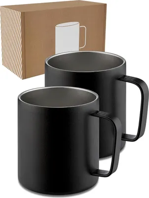 Produktbild von Edelstahlbecher 2 x 360 ml Thermobecher mit Griff doppelwandig isoliert Becherset für Camping und Outdoor thermischer Kaffeebecher schwarz.