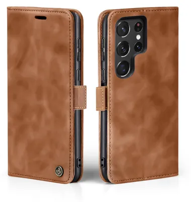A brown leather flip case for a Samsung Galaxy S22 Ultra phone, shown from the front and back.