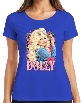 Productafbeelding van Dolly Parton, landelijke muzieklegende, cowgirl, western, retro, dames T-shirt, blauw, maat S