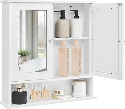 Imagen del producto de Espejo de baño con armario - Mueble de pared con puertas espejo y estante - Blanco - 22 x 13 x 58 cm