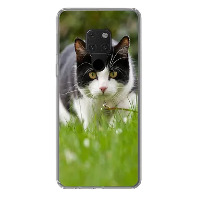 Produktbild von MuchoWow® Handyhülle Schutzhülle Hülle für Huawei P40 Lite Katze - Gras - Schwarz - Weiß - Mädchen - Kinder - Jungen - Kinder Silikon Softcase Handy Hülle - Handy
