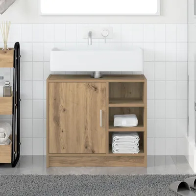 A bathroom vanity cabinet with a sink.