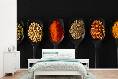 Produktbild von MuchoWow® Fototapete für Wohnzimmer oder Schlafzimmer Wandtapete Vinyl Motivtapete Löffel - Gewürze - Schwarz - Gewürze - Rustikal - 525x350 cm - Das Hintergrundbild