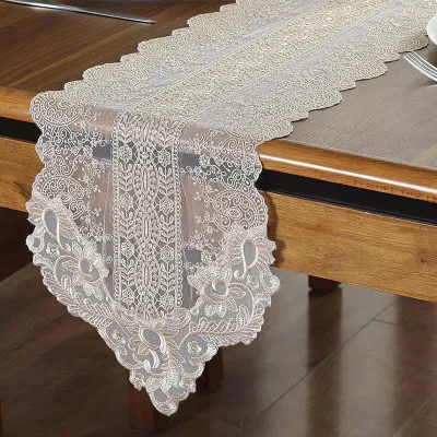 Tischläufer Spitze Macramé Blumenstickerei 30,5x300 cm Champagner