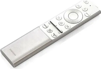 A silver Samsung TV remote control is shown against a white background.