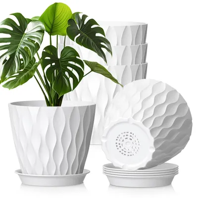 Obrázek produktu pro Sada 5 květináčů, průměr 20 cm, plast, s podtácemi a drenážními otvory, 3D vlnitá struktura, bílá barva
