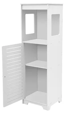 Obrázok produktu pre Skrineka do kúpeľne – úzka stojaca polička s 3 úrovňami – samostatná skrinka na toaletový papier s dvierkami – PVC – 28x25x90 cm – biela