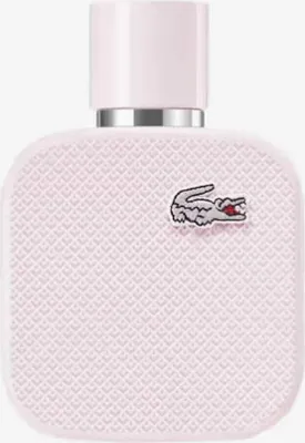 A pink bottle of Lacoste perfume with the brand's crocodile logo.