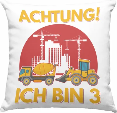 Produktbild von Trendation - Achtung Ich Bin 3 Deko-Kissen mit Füllung 40x40 Geschenk 3-Jähriger Junge Bagger Geschenkidee Sohn (Blau)