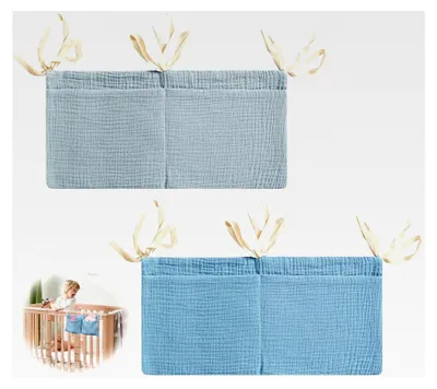 Produktbild von 2 Stück Babybett Organizer, Wickeltisch Organizer zur Aufbewahrung mit 2 Taschen 39 x 20 cm aus reiner Baumwolle und verstellbarem Riemen für Jungen und Mädchen (Grün+Grau)