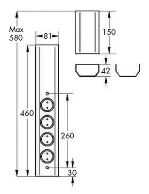 Technical drawing with dimensions of an electrical outlet strip.