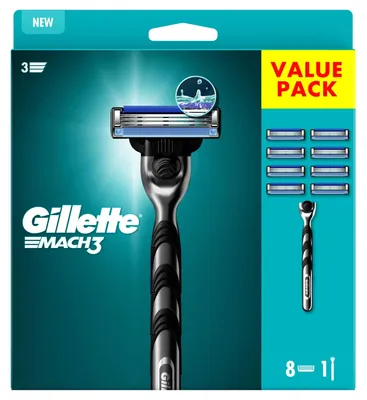 Obrázok produktu pre Holiaci strojček Gillette Mach3 pre mužov – strojček na mokré holenie + 8 náhradných čepieľok, trojité čepieľky
