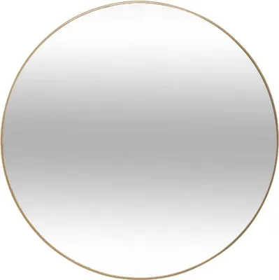 A round mirror with a thin gold frame.