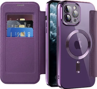 Produktbild von Klapphülle für iPhone 11 Pro Max Kompatibel mit Magsafe, Klar Überzug Kartenhalter Ledertasche mit Kameraschutz Lila