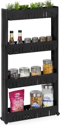 Productafbeelding van Keukenwagen met 4 etages, opbergrek - smal, geschikt voor keuken en badkamer - kunststof - HBD, afmetingen 101x125x54 cm - zwart