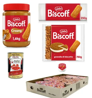 Produktbild von Lotus Biscoff Testpaket Streichcreme 1,6 kg, Kekskrümel 750 g. Kekse 250 g. Einzeldosis-Creme 120 Stück à 20 g+ Italian Gourmet polpa 400g