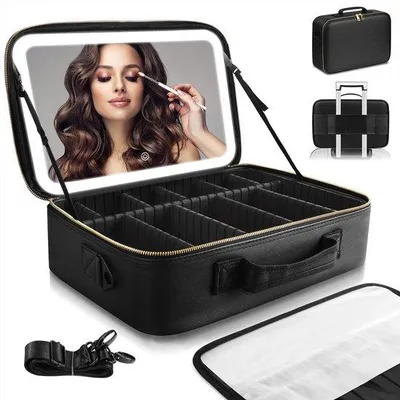 Produktbild von LED-Make-up-Tasche mit Licht und Spiegel, tragbar, große Aufbewahrungstasche für Reisen, Make-up-Koffer