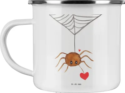 Produktbild von Mr. & Mrs. Panda Teetasse Spinne Agathe Liebe - Weiß - Geschenk, Teebecher, Liebesgeschenk, Haferl, Liebesbeweis, Emaille Becher, Tasse, Pott, Verliebt