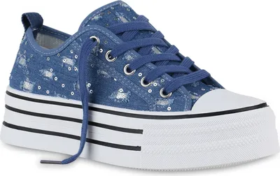 Produktbild von VAN HILL Damen Plateau Sneaker Denim Schnürer Pailletten Glitzer Schuhe 840981, Farbe: Blau Denim, Größe: 37