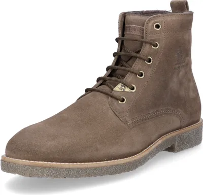 A single brown suede boot is shown against a white background.
