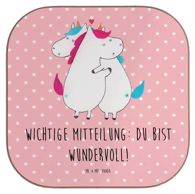 Produktbild von Mr. & Mrs. Panda Tischuntersetzer Einhorn Mitteilung - Rot Pastell - Geschenk, Spruch, Tischschoner, gläseruntersetzer, Coaster, Valentinstag, Untersetzer für Gläser