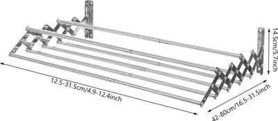 Image de Séchoir à linge mural - Barre à linge télescopique - 7 barres - Pliable - Acier inoxydable 201 - Réglable de 12,5 à 31,5 et de 42 à 80 cm - Capacité de charge de 40 kg - Argent