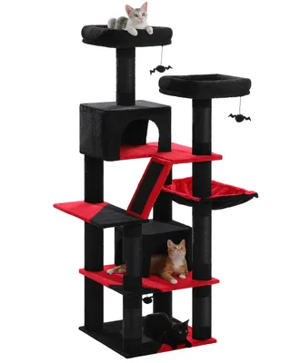 A multi-level cat tree with several platforms, perches, and hiding spots, featuring black and red fabric.