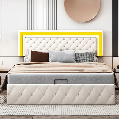 Obrázok produktu pre Hydraulická skriňová pružinová posteľ 160x200cm LED rám postele Nastaviteľné čelo s inteligentným ovládaním RGBW LED, manželská posteľ zo zamatu, béžová