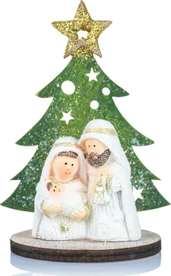Produktbild von Entzückende Weihnachtsfigur der Heiligen Familie mit Glitzer-Weihnachtsbaum in Kinderausführung 9 cm