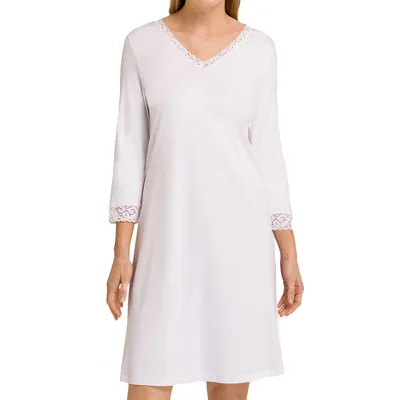 Immagine prodotto di Camicia da notte Hanro Moments, lunghezza 100 cm, maniche lunghe, con pizzo decorativo, in cotone mercerizzato di qualità interlock