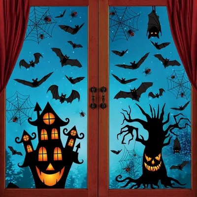 Produktbild von 63 Stück Halloween Fensteraufkleber, Gruselige Geister, Kürbisse und Fledermäuse für Fenster und Türen zur Halloween-Dekoration