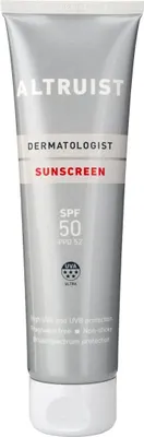 A silver tube of sunscreen with white text and a white cap, presented against a white background.