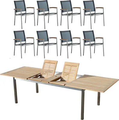 Produktbild von ALEOS. Gartengarnitur Edelstahl & Teak 8 Sessel + Ausziehtisch 200-280 cm | Premium Gartenmöbel Set wetterfest mit Batyline Bezug & A-Grade Teak Holz
